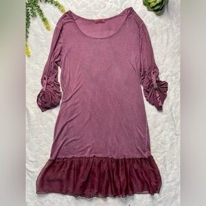 Scandal Italy Lagenlook Stretch Jersey Ruffle Trim Long Sleeve Tunic Top in Wine